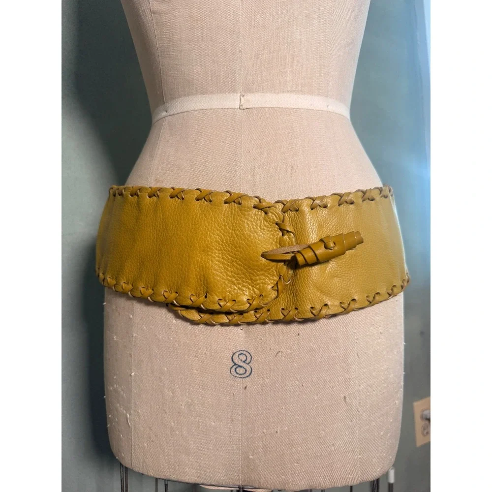 Vtg Randell Dodge Yellow Leather Whipstitch Wide Waist Belt  Made In Italy Boho